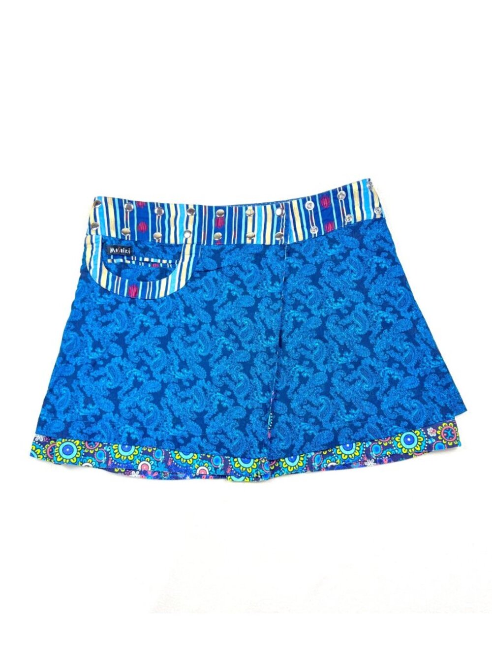 Moshiki Blue Multi-Print Reversible Snap Skirt With Paisley & Floral Design